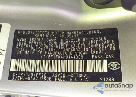 2017 Toyota Camry Se из США, поврежденный, VIN 4T1BF1FK4HU444309